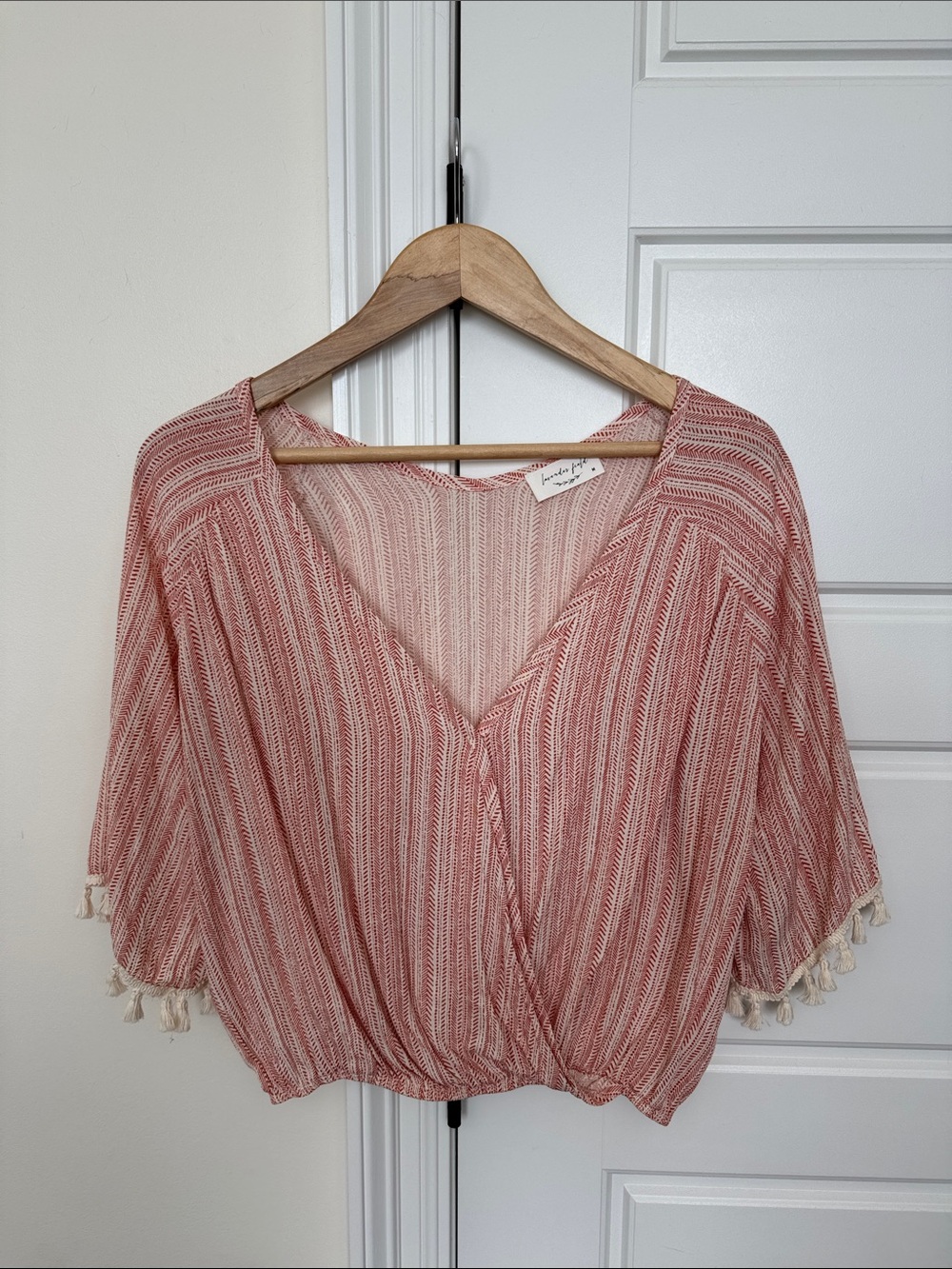 Lavender Field Women’s Rust Deep Orange & Ivory Boutique Tassel Sleeve Top Med